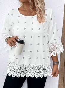SHEIN Clasi Camisa de verano informal en tallas grandes con cuello redondo, estampado geométrico y parche de encaje - Blanco - Ver 3