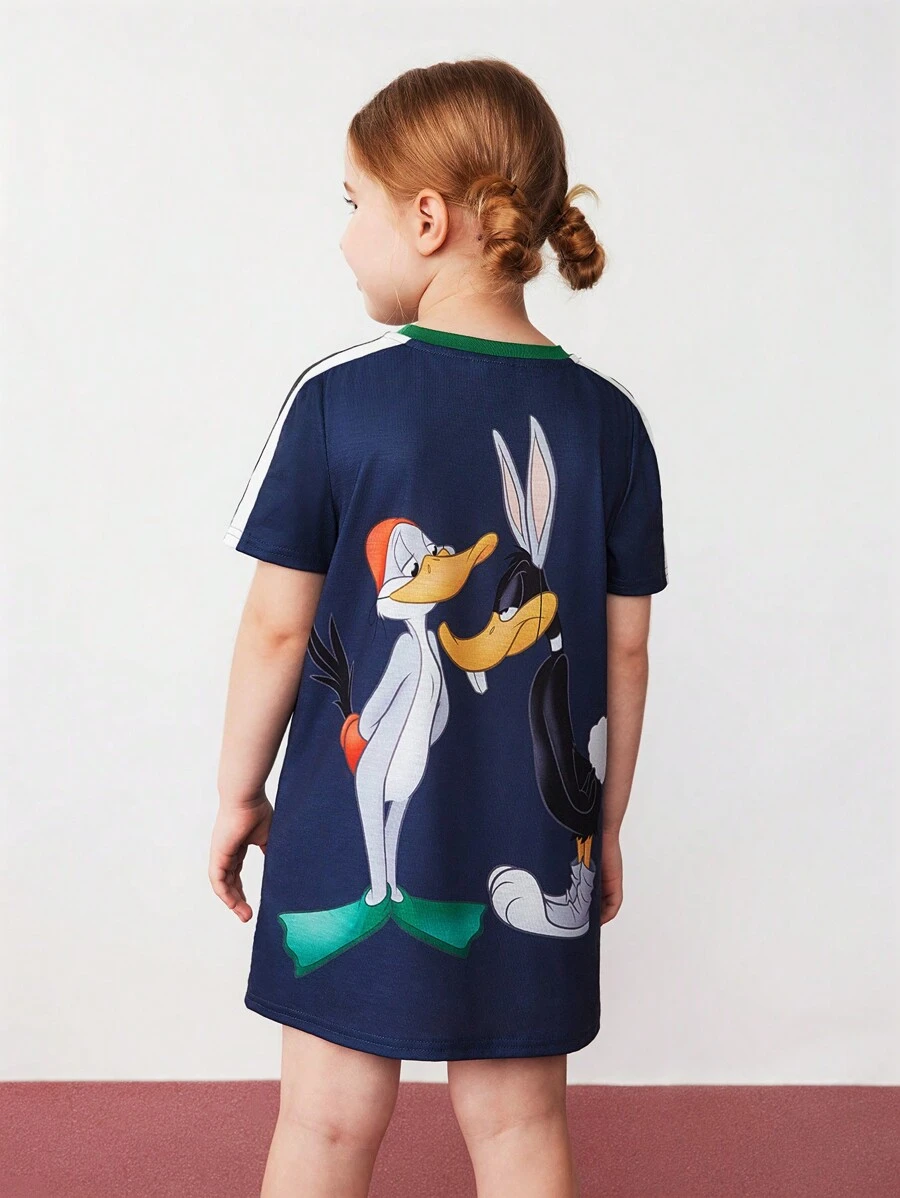 LOONEY TUNES X SHEIN 少女休閒卡通印花校風膠帶連身裙,夏季 - 藏蓝色 - 查看 1