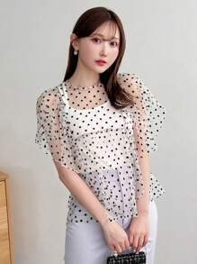 FRIFUL Designer 女式波点网眼衬衫，带有设计师风格，荷叶边透视 - 白色 - 查看 1