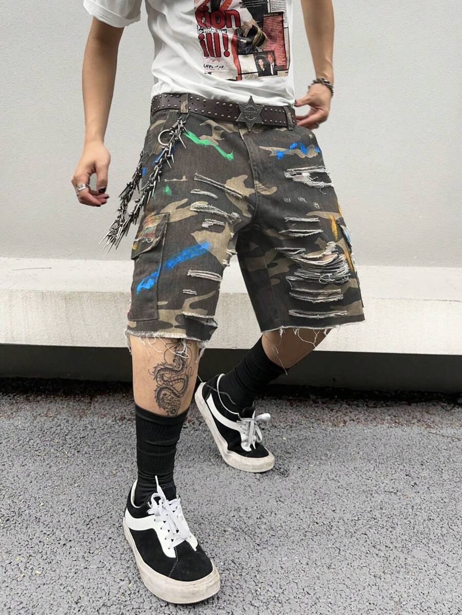 Manfinity Roghcode Short bermuda en jean déchiré de travail camouflé pour hommes avec poches, décontracté - Vert - Voir 1