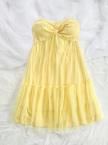 Soleia Women's Vacation Style Twist Front Mid Length Cake Dress With Knit And Mesh Layers, Romantic Country Summer Graduation And Wedding Season Cute Lunch, Light Yellow