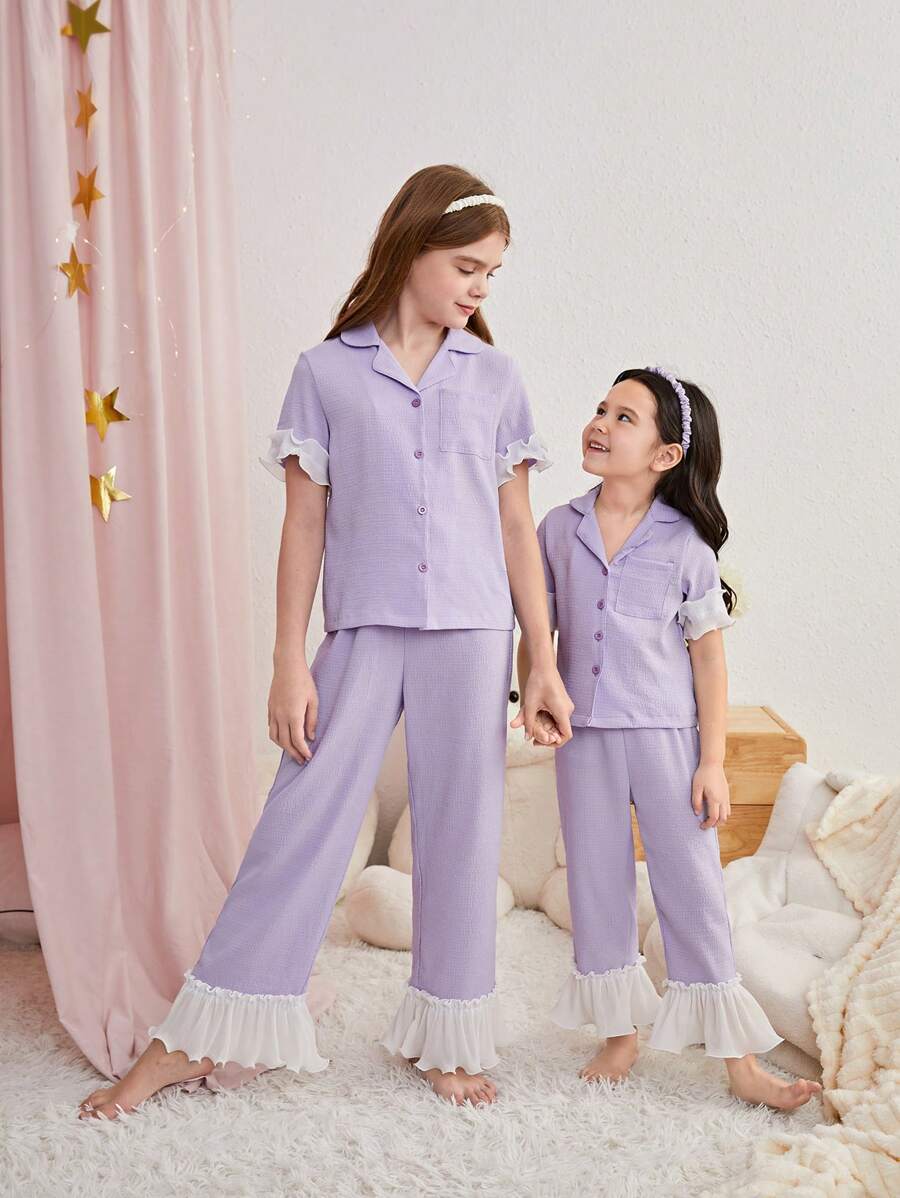 SHEIN 少女優雅簡約領子睡衣套裝，配有蕾絲飾邊，袖子和下擺，可與兄弟姊妹裝配對，分售（2套） - 淡紫色 - 查看 1