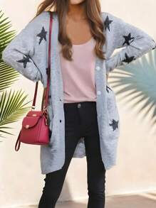 SHEIN LUNE 女士休閒風單排釦星星圖案針織衫