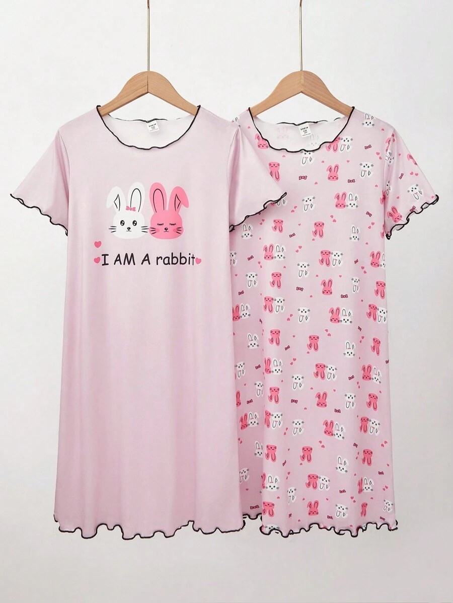 Tween 女孩短袖圓領睡衣連身裙家居服 - 粉色 - 查看 1