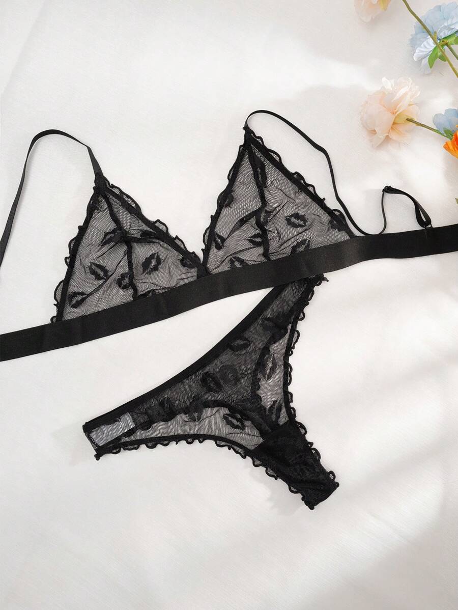 PetitDoll Breathable Lip Pattern Mesh Triangle Cup Bra And Thong Set Wireless Lingerie - Black - View 1