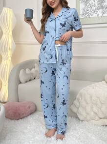 Women's Short Sleeve Top And Long Pants Sleepwear Set Pajama Set With Star, Moon, And Butterfly Print
