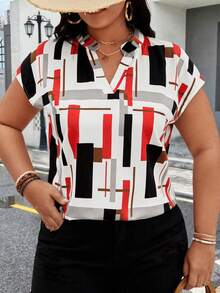 Calvaya Camicia a maniche corte con ali di pipistrello stampa geometrica larga taglia estate donna con scollo a V a tacca - Multicolore - Visualizzare 6