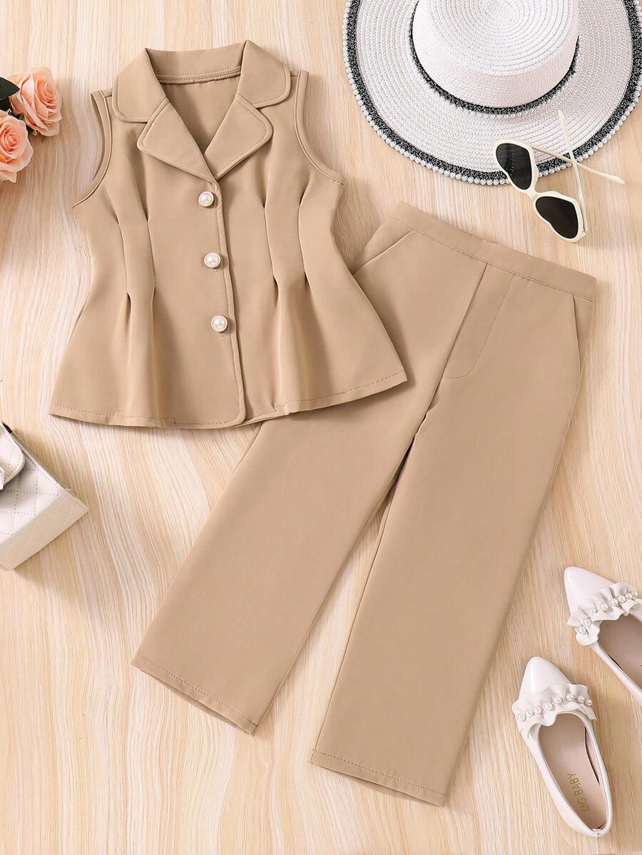 SHEIN Elladie kids 少女淑女紳士風格無袖背心和褲子套裝，適用於春夏季 - 杏色 - 查看 1