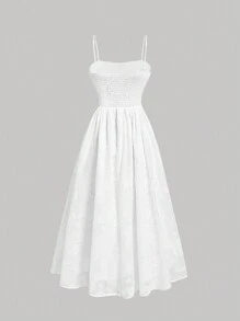 SHEIN MOD White Slim Fit Burnt-Out Texture Dress With Large Bowknot, Front & Middle Slits, Suitable For Spring & Summer - White - View 2