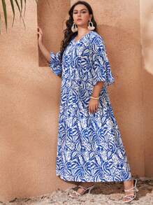 Mulvari Plus Allover Print Flounce Sleeve Smock Dress - Blue and White - View 6