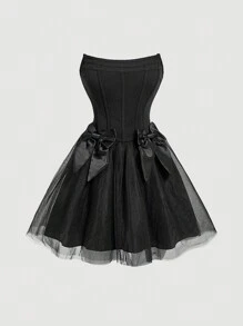 SHEIN MOD Black Strapless Dress With Fishbone Sticker And Bows, Tulle Dress For Women - Black - View 1