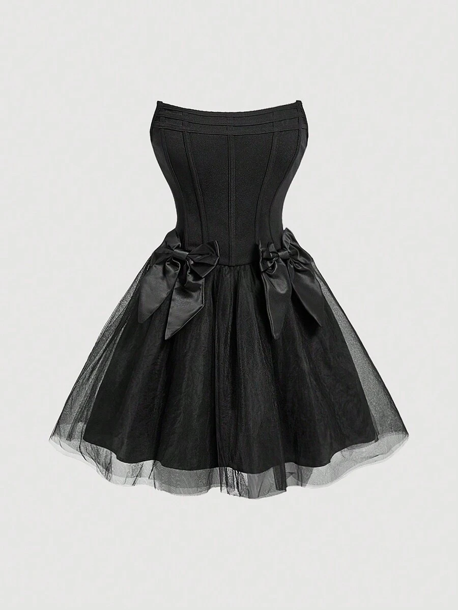 SHEIN MOD Black Strapless Dress With Fishbone Sticker And Bows, Tulle Dress For Women - Black - View 1