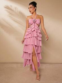 L'Amorae Vestido elegante con corte y volantes en forma de rosa 3D en el cuello halter