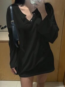 DAZY Women's Spring/Summer Loose Fit Button Half-Placket Drop Shoulder Long Sleeve Solid Color T-Shirt,Fall Clothes Preppy Tops - Black - View 7