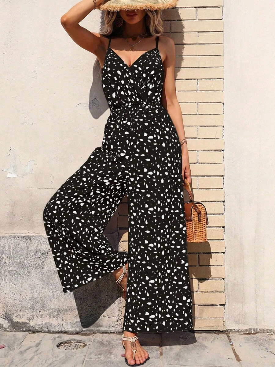SHEIN LUNE Summer Allover Print Wide-Leg Jumpsuit With Spaghetti Straps (Random Cut Printing) - Black - View 1