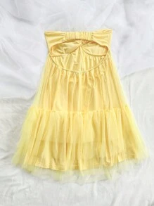 Soleia Women's Vacation Style Twist Front Mid Length Cake Dress With Knit And Mesh Layers, Romantic Country Summer Graduation And Wedding Season Cute Lunch, Light Yellow