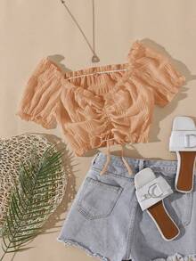 SHEIN WYWH 前抽繩褶邊胸部褶皺短款上衣 - 橘色 - 查看 1