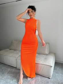 Chiquease Vestido de mujer para el verano con parte superior plisada y cintura con cuello alto de unicolor y dobladillo con hendidura lateral