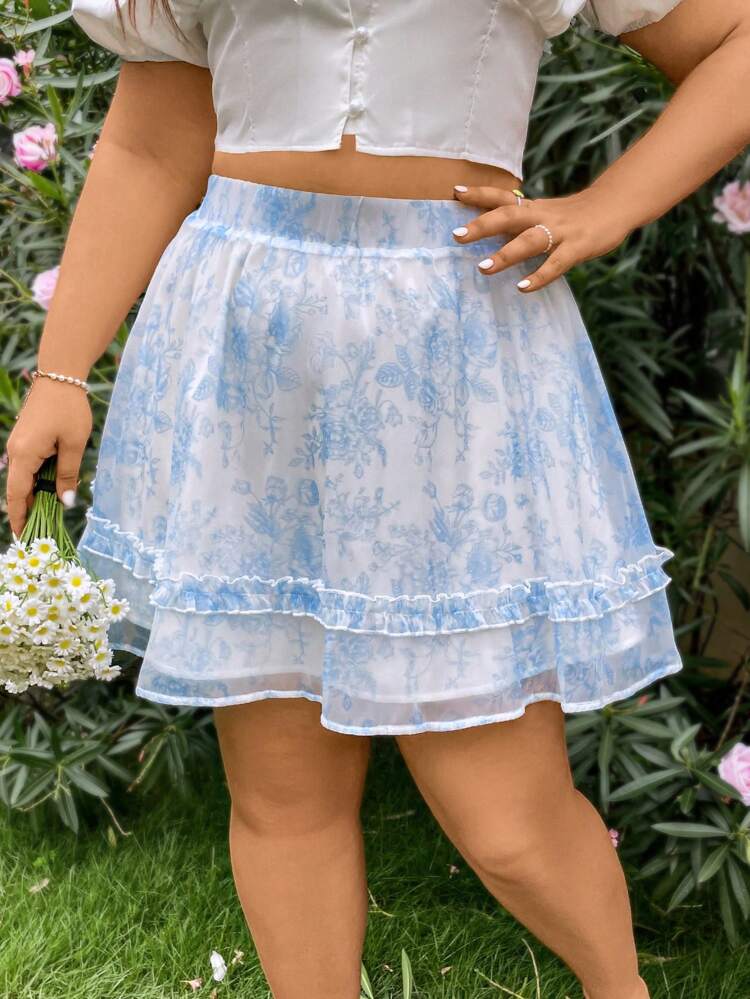 Vacation Romantic High Waist Floral Plus Size Women's Mesh Skirt With Frill Trim