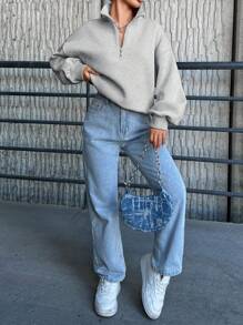 SHEIN Cottnline Women'S Zipper Half Placket Drop Shoulder Sweatshirt - Light Grey - View 6