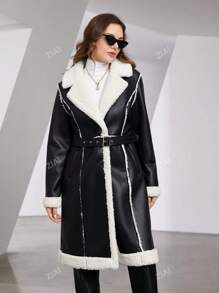 ZIAI Chaqueta de piel con cuello mullido, con cinturón, bolsillos y de moda para el otoño/invierno