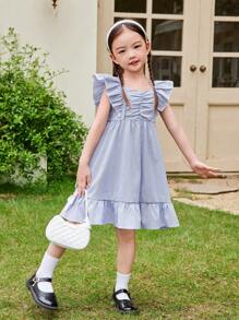 SHEIN Young Girl Striped Casual Midi Dress With Ruffle Trim And Bow Decoration - Purple - View 3