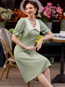 SHEIN DECDS Vestido vintage elegante de mujer con jacquard de punto remendado, de primavera/verano, de doble capa, cuello en V, manga abullonada con lazo, bajo plisado adornado con perlas falsas y encaje, verde, de estilo paraguas para vestir de verano, vestidos de mujer de largo midi, atuendo de mujer para conciertos, ropa vintage de mujer, atuendo de mujer para concierto de country - Verde - Ver 5