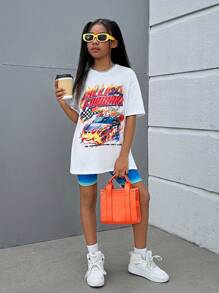 SHEIN Tween Girl Cool Streetwear Knit Loose Fit Top & Bộ quần short màu ombre, Xuân/Hè - Nhiều màu - Xem 5