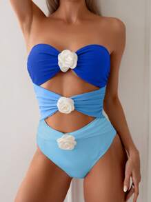 Swim Chiccia Women's 3-Tier Layered Floral Decor One Piece Swimsuit Summer - Blue - View 3