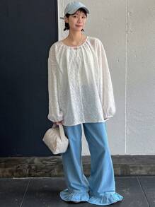 FRIFUL Women's Solid Color Round Neck Hollow Out Embroidered Long Sleeve Casual Shirt, Summer - Apricot - View 2