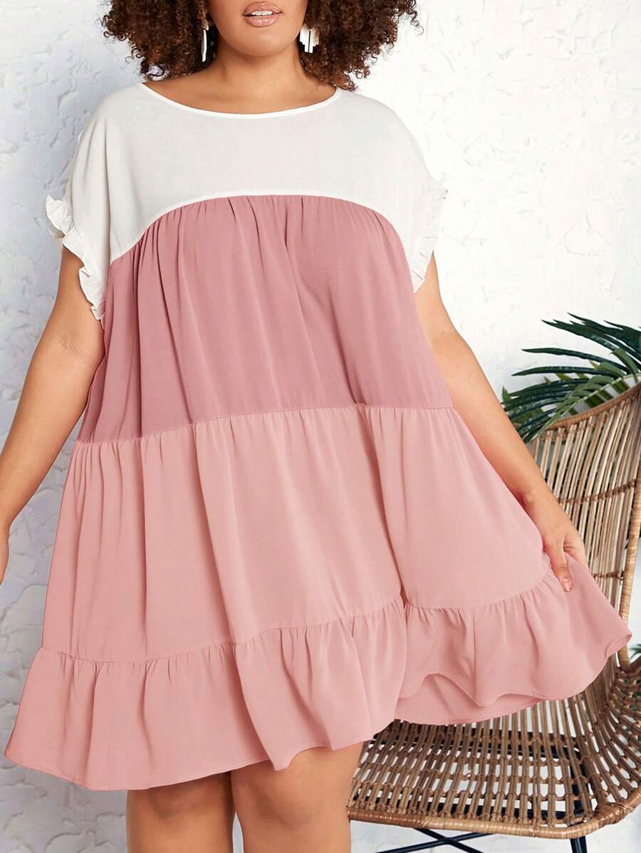 SHEIN CURVE+ Robe d"été grande taille de style vacances plage avec manches à volants et col rond bicolore en A - Multicolore - Voir 1