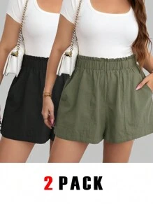 SHEIN Clasi 2pcs Plus Size Shorts Set, Cool & Comfortable, Large Pockets, Black And Green, Summer Country Concert Outfit,Business Casual Woman