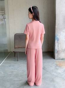 Tween Girl Summer Casual Solid Color Stand Collar Buttoned Short Sleeve Top And Long Pants Set - Pink - View 2