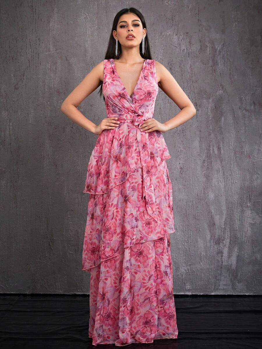 MgacyV-Neck Cross-Over Activity Folded Multi-Layer Cake Printed Swing Dress,Bridesmaid Dress - Pink - View 1