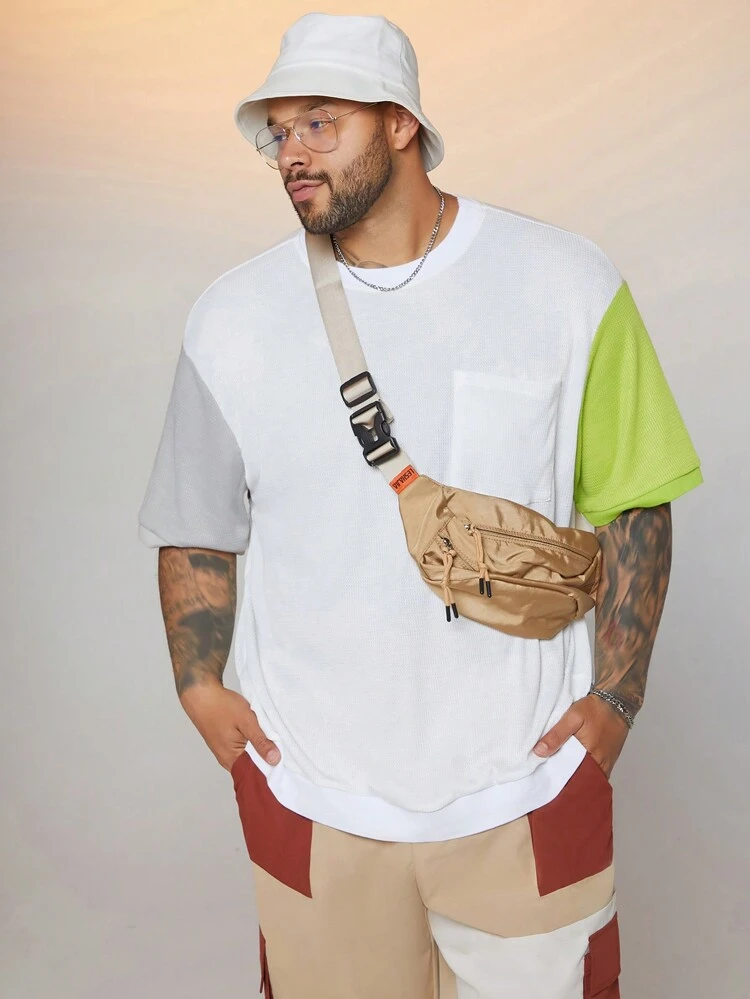 Men's Plus Size Knitted Waffle Grid Relax Fit Drop Shoulder Patchwork Short Sleeve T-Shirt, Suitable For Summer And Daily Wear