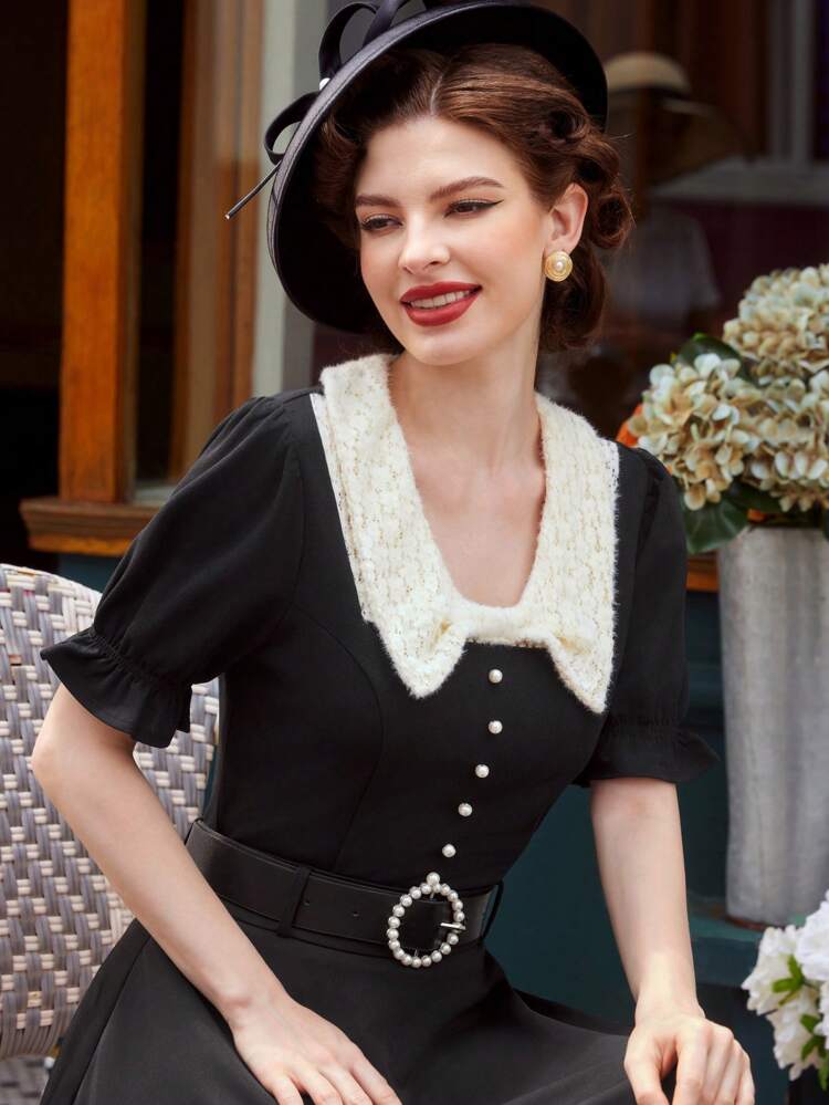 Vintage Elegant Ladies' Shirt, Spring/Summer V-Neck Contrast Lace With Bow Tie, Puff Sleeve, Scalloped Edges, Faux Pearl Button Up, Black & White Color Block, Holiday, Slim Fit Top Women Blouses Summer Cute Tops Summer Women Tops Concert Women Women Vintage Country Concert