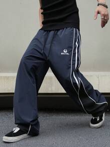 Manfinity Campus Court Men's Casual Color Block Patchwork Drawstring Straight Pants, Going Out Long Colorblock Blue Straight Leg Sweatpants, For Fall - Navy Blue - View 3