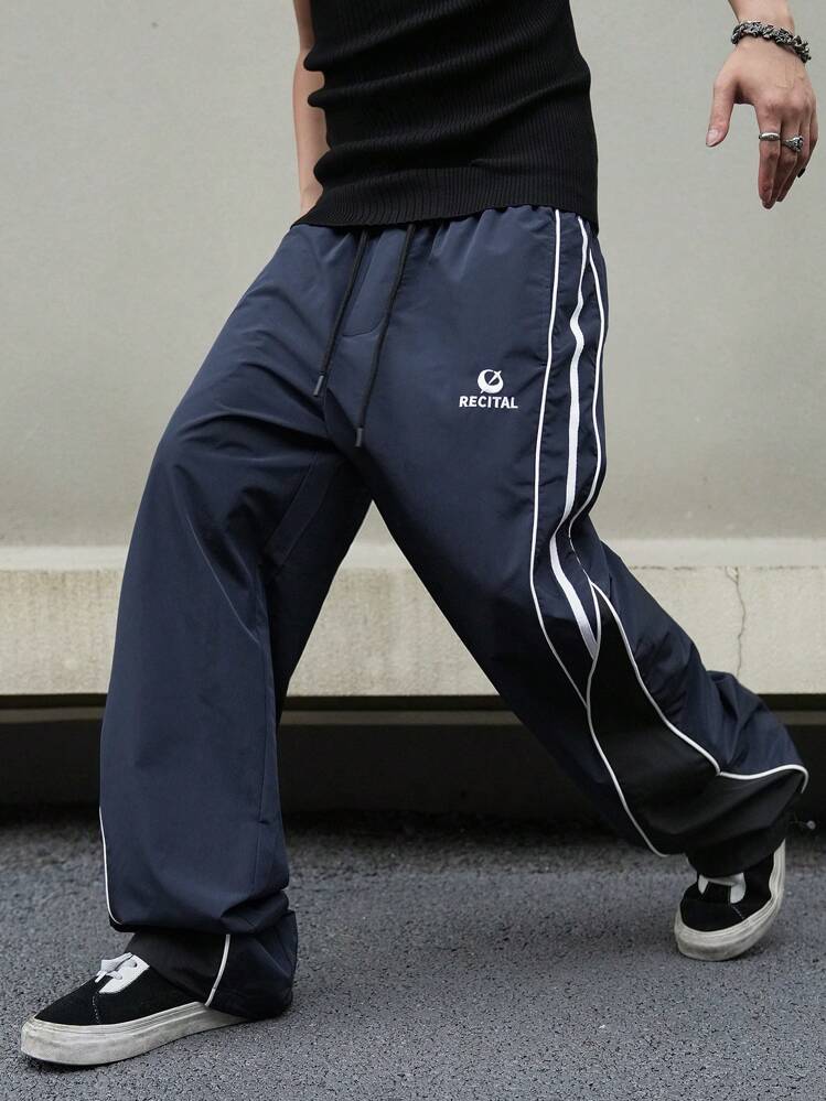 Manfinity Campus Court 男士休闲拼色抽绳直筒裤，外出长款拼色蓝色直筒运动裤，适合秋季 - 藏蓝色 - 查看 3