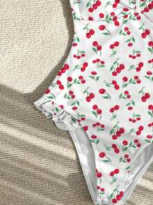 Swim Mod V-Neck Fruit Printed Swimwear With Ruffles For Summer Beach - Black - View 4