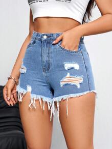 SHEIN Essnce Quần short denim rách có viền sờn và túi cho nữ - Rửa tối - Xem 3