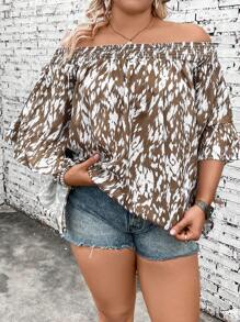 SHEIN Clasi Plus Size Round Neck Allover Print Loose Summer Vacation Long Sleeve Shirt - Apricot - View 1