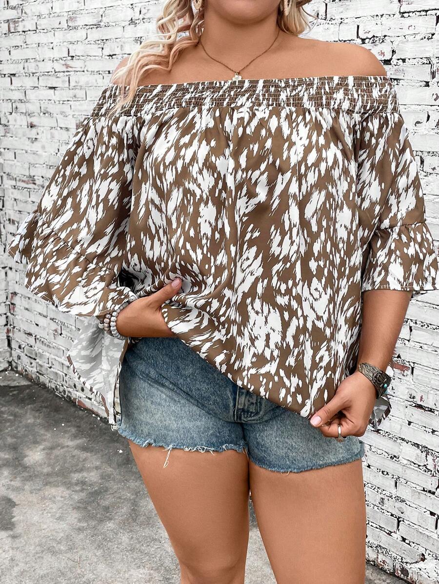SHEIN Clasi Plus Size Round Neck Allover Print Loose Summer Vacation Long Sleeve Shirt - Apricot - View 1
