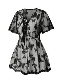 SHEIN LUNE Camisa suelta de manga corta con malla de mariposa de verano para mujer de talla grande con detalles de ojales, frente anudado y volantes - Negro - Ver 3