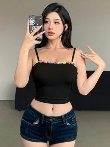 Joudiya Women's Floral Patchwork Wrap Design Pure Pleated Camisole Tank Top Summer - Black - View 2