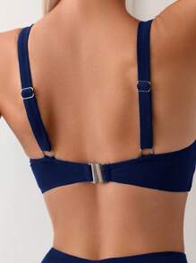 Swim Basics Bộ Bikini lưng cao bất đối xứng màu trơn dành cho nữ Bộ Bikini đi biển mùa hè - Màu xanh hải quân - Xem 5