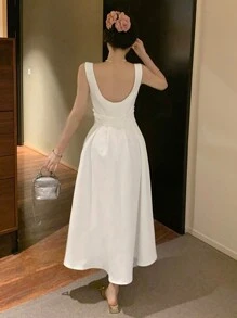 DAZY 女士纯色方领优雅夏季连衣裙，宽肩带舞会礼服，太阳裙，婚礼礼服
