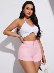 Jeanoix Frayed Hem Loose Straight Leg Versatile Denim Shorts, Summer Pink Jeans Shorts - Pink - View 4