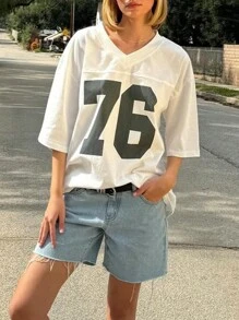 INAWLY 女士夏季休闲短袖 T 恤，带数字印花圆领图案 T 恤女式上衣 - 白色 - 查看 3