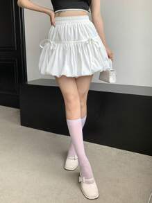 DAZY 女士夏季純色荷葉邊休閒短裙 - 白色 - 查看 4