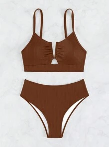 SHEIN Swim Conjunto de bikini de dos piezas para mujer, traje de baño de tela especial para vacaciones, traje de baño de playa de verano